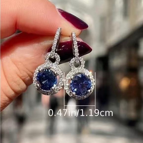 Rhinestones and Blue round sapphire crystal earrings. Almost .5” diam.  NIP - Picture 2 of 3